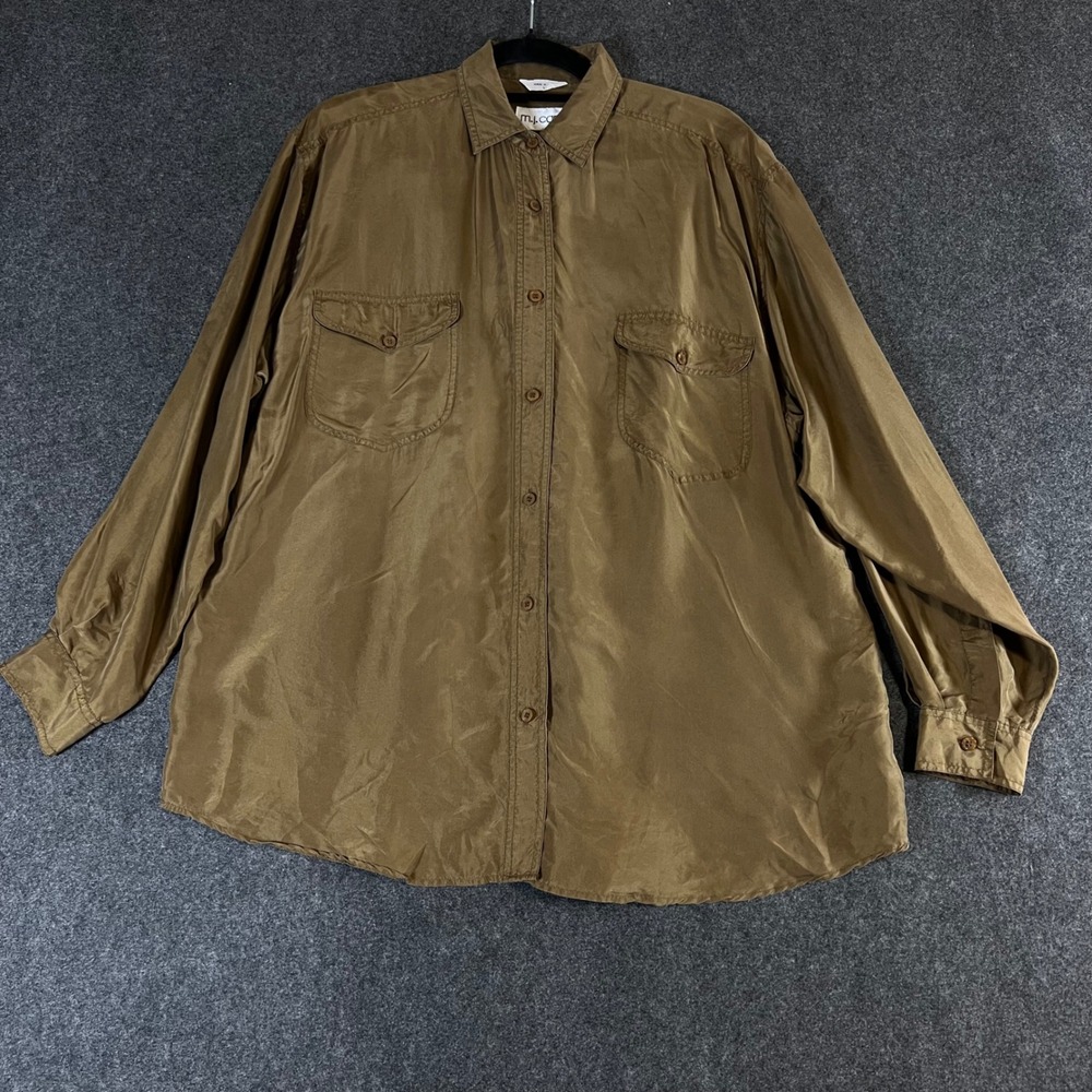 MJ Carroll 100% Silk Button Down Shirt Olive Brown Utility Pocket Womens Large